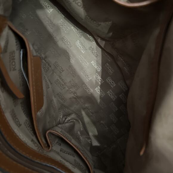 Michael Kors Saddle Brown Leather Medium Hobo Shoulder Bag Tote Jacquard Canvas - Picture 10 of 11